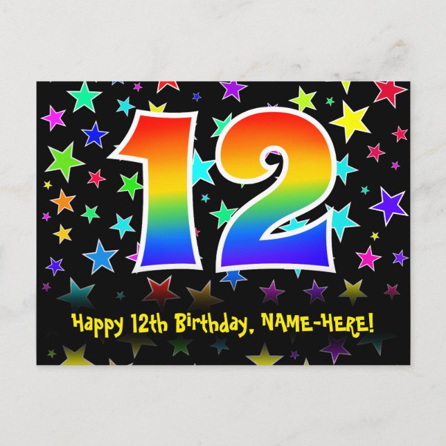 12th Birthday: Fun Stars Pattern, Rainbow 12, Name Postcard (Front)