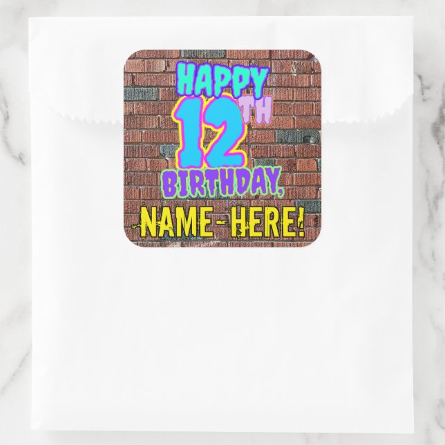 12th Birthday – Fun, Urban Graffiti Inspired Look Square Sticker (Bag)