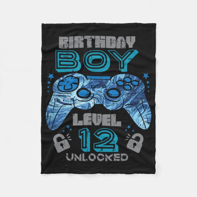 12th Birthday Gamer Level 12 Unlocked Video Gaming Fleece Blanket (Front)