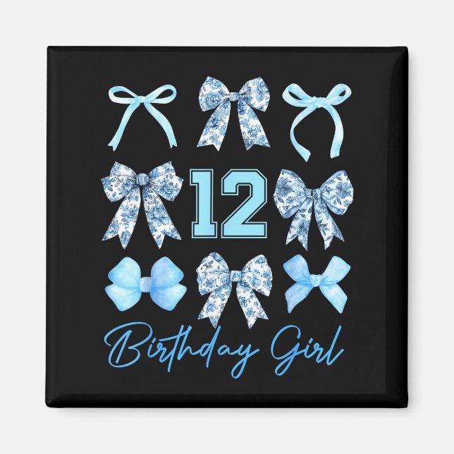 12th Birthday Girl Blue Toile Coquette Bow 12 Year Magnet (Front)