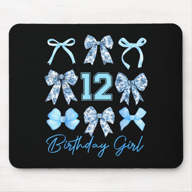 12th Birthday Girl Blue Toile Coquette Bow 12 Year Mouse Pad (Front)