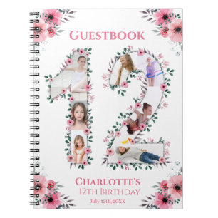 12th Birthday Girl Photo Collage Pink Flower White Notebook