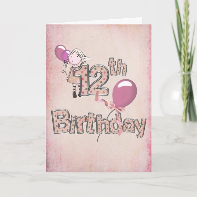 12th Birthday Girl With Balloons Card (Front)