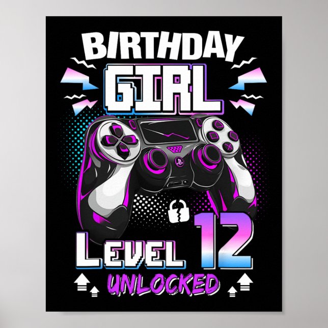 12th Birthday Girls Level 12 Unlocked 12 Years Old Poster (Front)