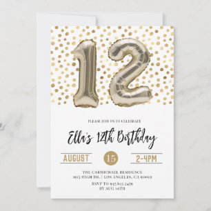 12th Birthday Gold Polkadot Invitation