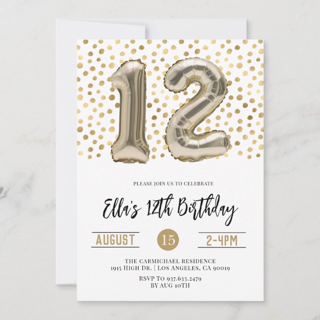 12th Birthday Gold Polkadot Invitation (Front)