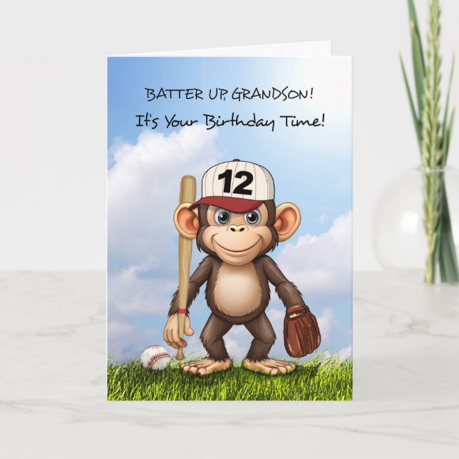 12th Birthday Grandson Baseball Monkey Bat Ball Card (Front)