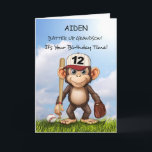 12th Birthday Grandson Personalise Baseball Monkey Card<br><div class="desc">Celebrate your grandson’s 12th birthday in a special way with this personalised baseball card! A fun-loving monkey, holding a bat and glove, brings playful energy to the design, making it perfect for a baseball fan. Add his name to the front for a custom touch that makes this keepsake even more...</div>