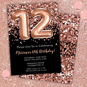 12th Birthday Invitation Black Rose Gold Glitter