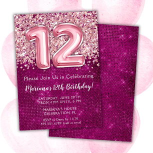 12th Birthday Invitation Girl Magenta Pink Glitter
