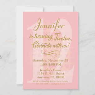 12th Birthday Invitation Girls Pink Gold Hearts