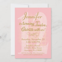 12th Birthday Invitation Girls Pink Gold Hearts