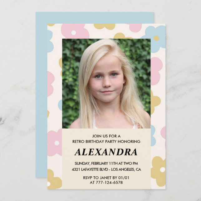 12th birthday invitation Retro Groovy Flowers Cute (Front/Back)