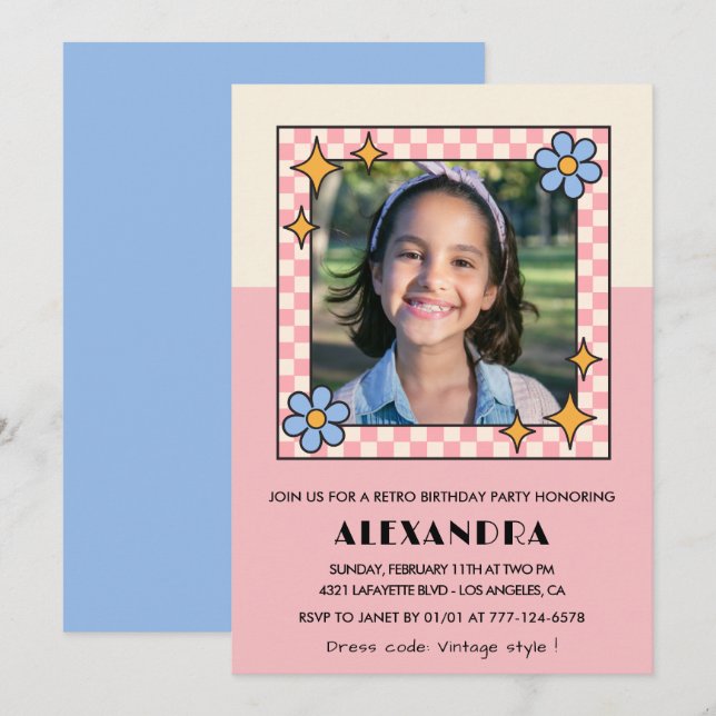 12th birthday invitation Retro Groovy Pink Flowers (Front/Back)