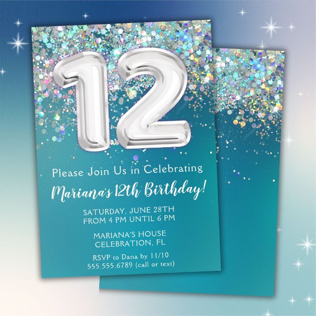 12th Birthday Invitation Teal Silver Glitter (Creator Uploaded)