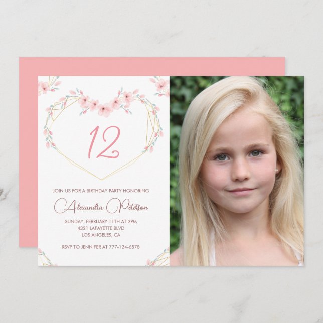 12th birthday invitations Boho Floral Photo (Front/Back)