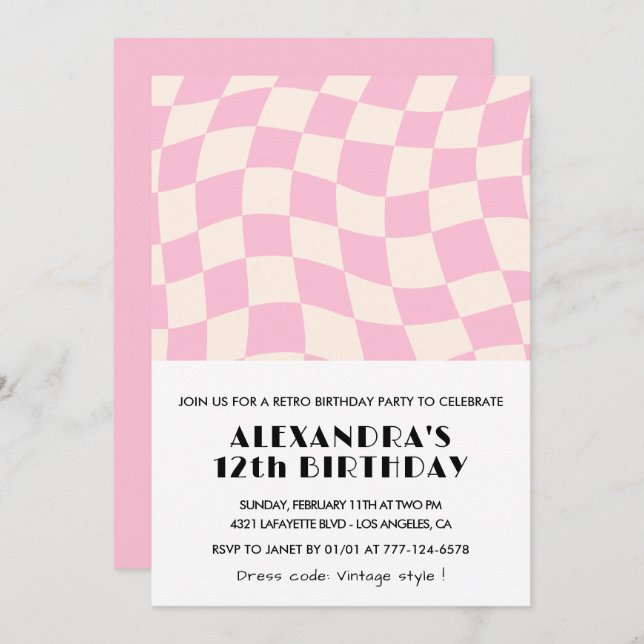 12th birthday invitations Chequered Retro Pink  (Front/Back)