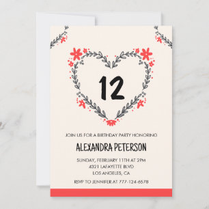 12th birthday invitations for her floral heart