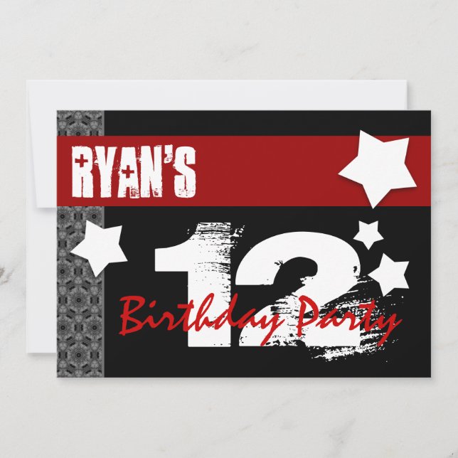 12th Birthday Modern For Him Red White Black W03B Invitation (Front)