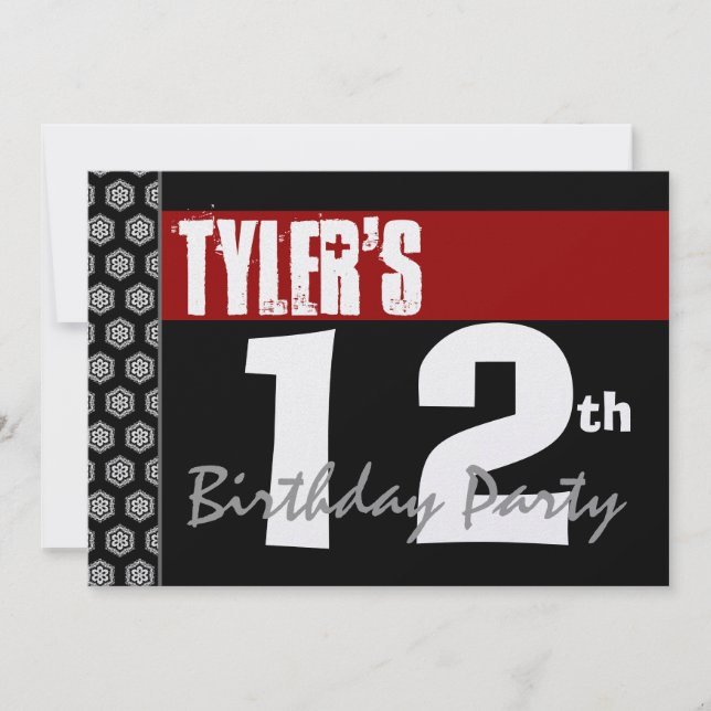 12th Birthday Modern For Him Red White Black W1927 Invitation (Front)