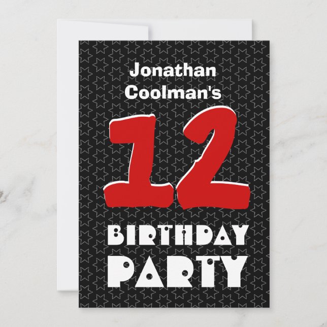 12th Birthday Modern Teen Black White Stars W03AC Invitation (Front)