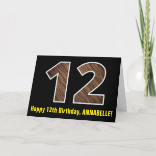 12th Birthday: Name + Faux Wood Grain Pattern "12" Card