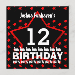 12th Birthday or ANY YEAR Black Red STAR V12A Invitation