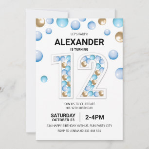 12th Birthday Party, Blue and Gold Balloon Boy Invitation