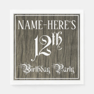 12th Birthday Party — Fancy Script, Faux Wood Lo Napkin