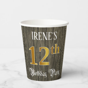 12th Birthday Party — Faux Gold & Faux Wood Look Paper Cups