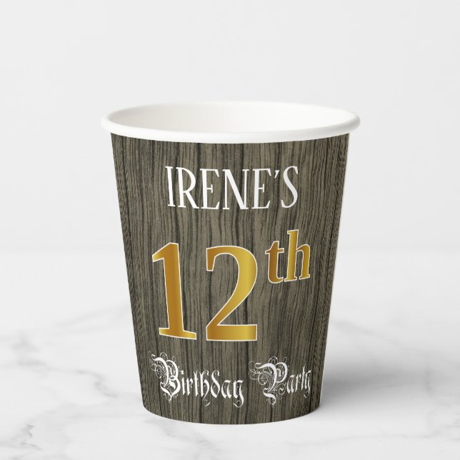 12th Birthday Party — Faux Gold & Faux Wood Looks Paper Cups (Back)
