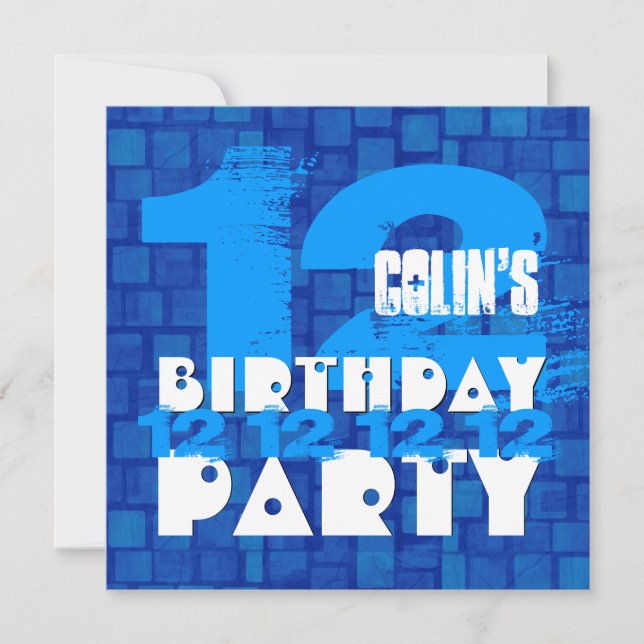 12th Birthday Party Grunge BLUE Z12B Invitation (Front)