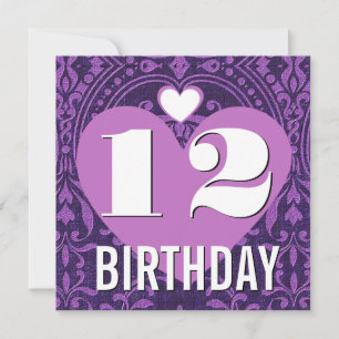12th Birthday Party Hearts Purple Damask V20 Invitation