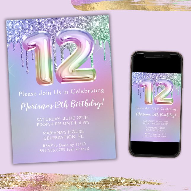12th Birthday Party Invitation Purple Pink Glitter (Creator Uploaded)
