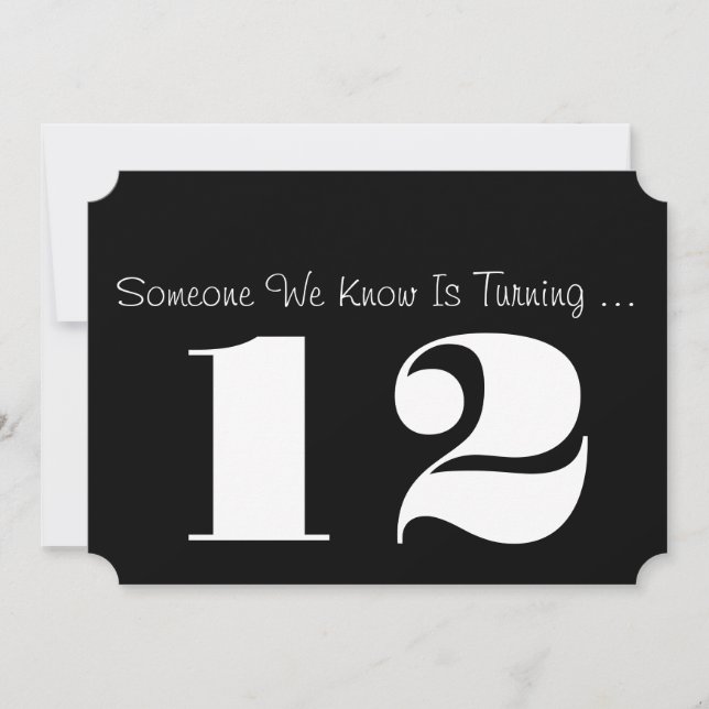 12th Birthday party Invite, black and white. Invitation (Front)