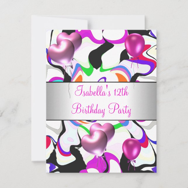 12th Birthday Party Pink Abstract Silver Balloons Invitation (Front)
