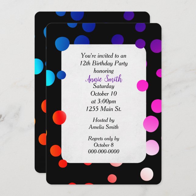 12th Birthday Party Rainbow Dots  Invitation (Front/Back)