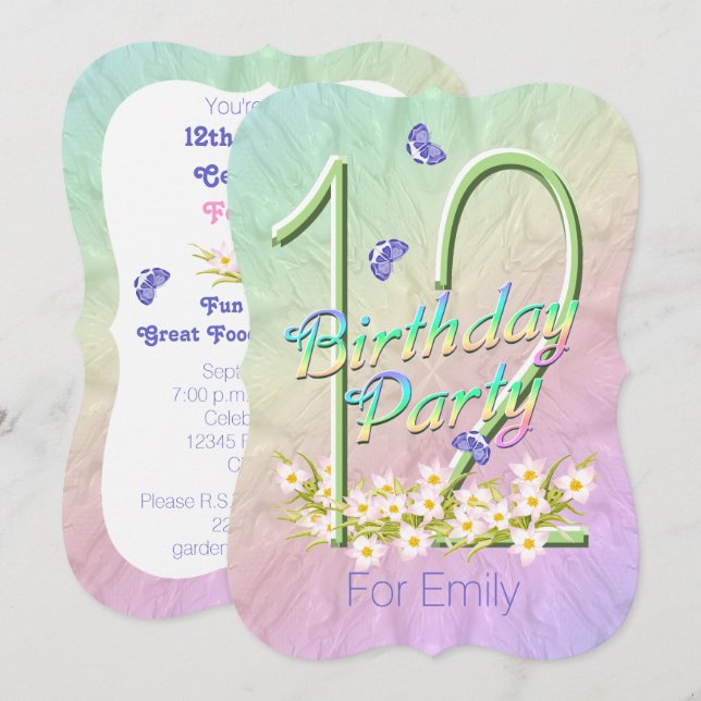 12th Birthday Party Rainbow Garden Invitations (Front/Back)