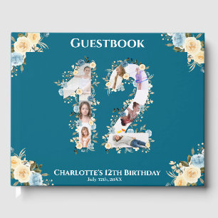 12th Birthday Photo Collage Yellow Flower Teal Guest Book