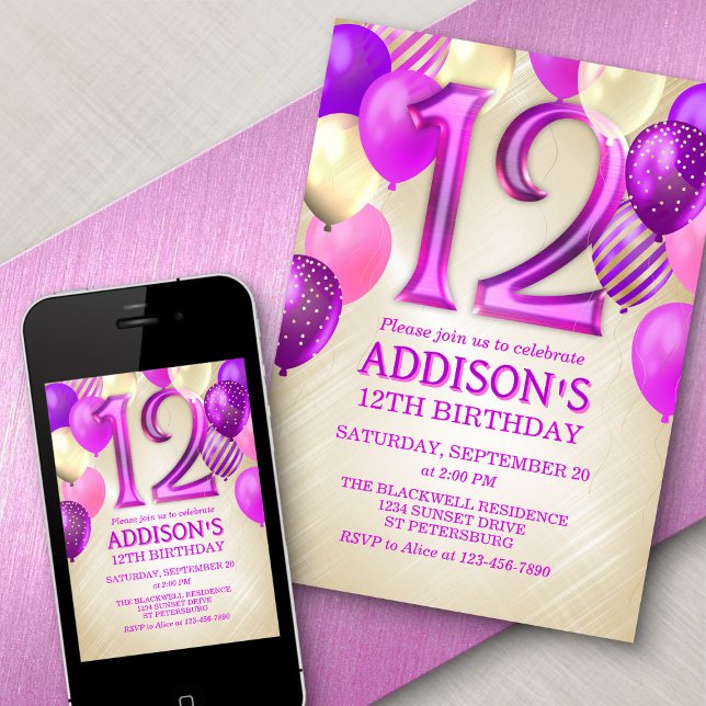 12th Birthday Pink Balloons Invitation (Creator Uploaded)