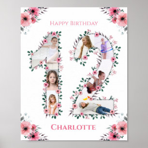 12th Birthday Pink Flower Girl Photo Collage White Poster