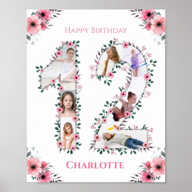 12th Birthday Pink Flower Girl Photo Collage White Poster (Front)