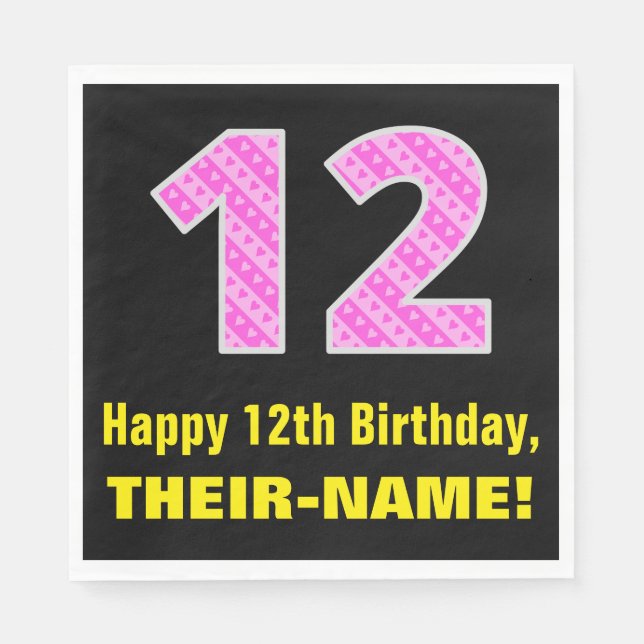 12th Birthday: Pink Stripes and Hearts "12" + Name Napkin (Front)