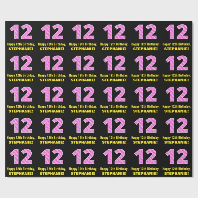 12th Birthday: Pink Stripes and Hearts "12" + Name Wrapping Paper (Flat)