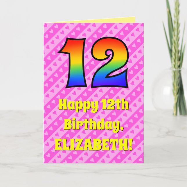 12th Birthday: Pink Stripes & Hearts, Rainbow # 12 Card (Front)