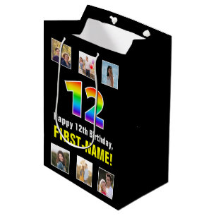 12th Birthday: Rainbow “12“, Custom Photos & Name Medium Gift Bag