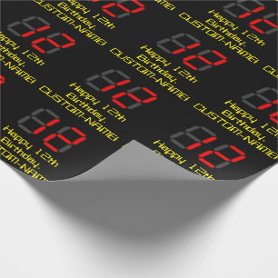 12th Birthday: Red Digital Clock Style "12" + Name Wrapping Paper