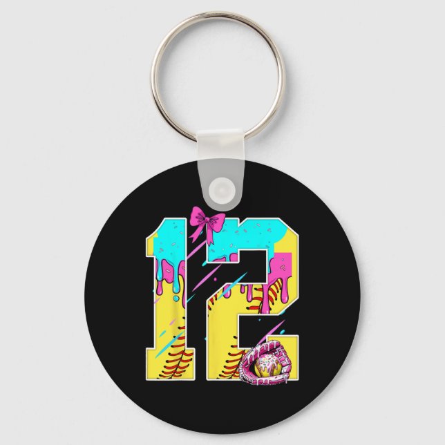 12th Birthday Softll Ice Cream Drip Bow 12 Years K Key Ring (Front)