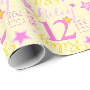 12th birthday star custom name yellow pink wrapping paper