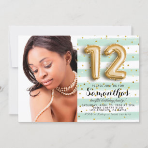 12th Birthday Striped Gold Portrait Invitation